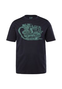 Černé bavlněné tričko s tyrkysovým retro designem motocyklu a textem, včetně "IRON HEAD" a "SPEED RACER," na přední straně.