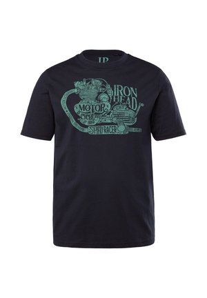 Sort bomuld t-shirt med et turkis retro motorcykelgrafik og tekst, herunder "IRON HEAD" og "SPEED RACER," på forsiden.
