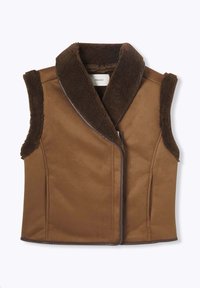 Gilet marron avec un col châle, confectionné en tissu doux avec des accents en fausse fourrure. Il est doté d'une fermeture frontale et n'a pas de manches.