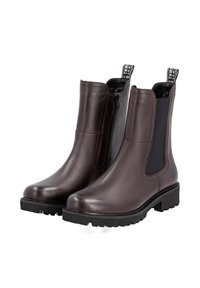 Brown leather ankle boots with a smooth finish, elastic side panels, a rear pull tab, and a rugged sole design for traction.