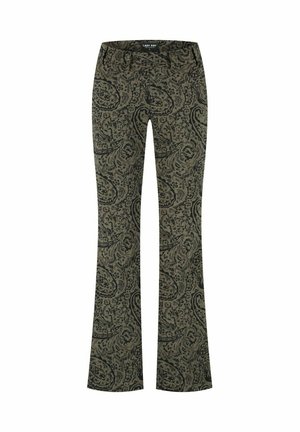 Slim-fit broek met uitlopende pijpen in olijfgroen, met een doorlopend donker paisley-patroon en een knoopsluiting aan de voorkant.