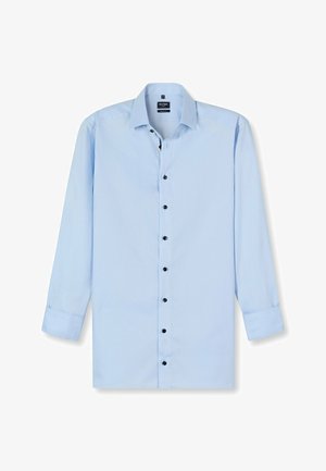 Helles blaues Langarmhemd aus glattem Stoff mit spitzem Kragen, schwarzen Knöpfen und geknöpften Manschetten. Schlichtes Design ohne Muster.