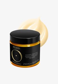 Pot de Revlon Professional Orofluido Radiance Argan Mask avec couvercle noir et texture crème derrière, 250 ml.