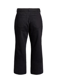 Black wide-leg jeans, cotton fabric, mid-rise waist, two back pockets, and straight hem. Available in a solid dark color without patterns.