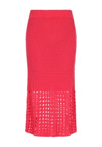 Garen midi rok in felroze, met een geribbelde tailleband en een opengewerkt ontwerp aan de zoom voor extra textuur en detail.