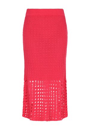 Trendy, világos rózsaszín kötött midi szoknya, bordázott derékkal és nyitott mintázattal az alján, amely extra textúrát és részletességet kölcsönöz.