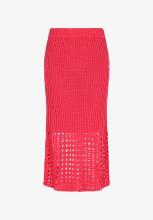 Pletena midi krilo v svetlo roza barvi, z rebrastim pasom in odprtino na robu za dodatno teksturo in detajle.