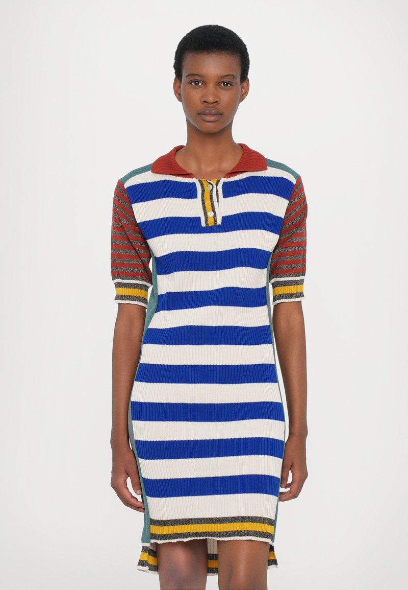 dark blue and yellow combination dress Umgee Blue Mix Bold Floral Tiered Midi Dress  Ruby Idol Apparel