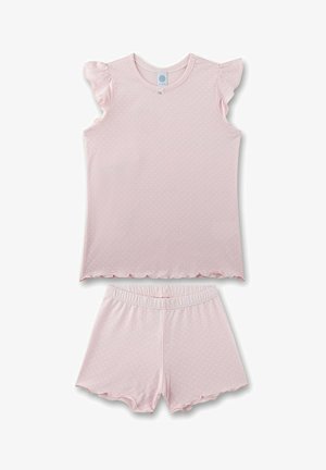 Set di pigiama rosa chiaro composto da una maglietta con maniche arricciate e bordi scallop, e pantaloni shorts abbinati con vita elasticizzata, entrambi con un motivo a pois.