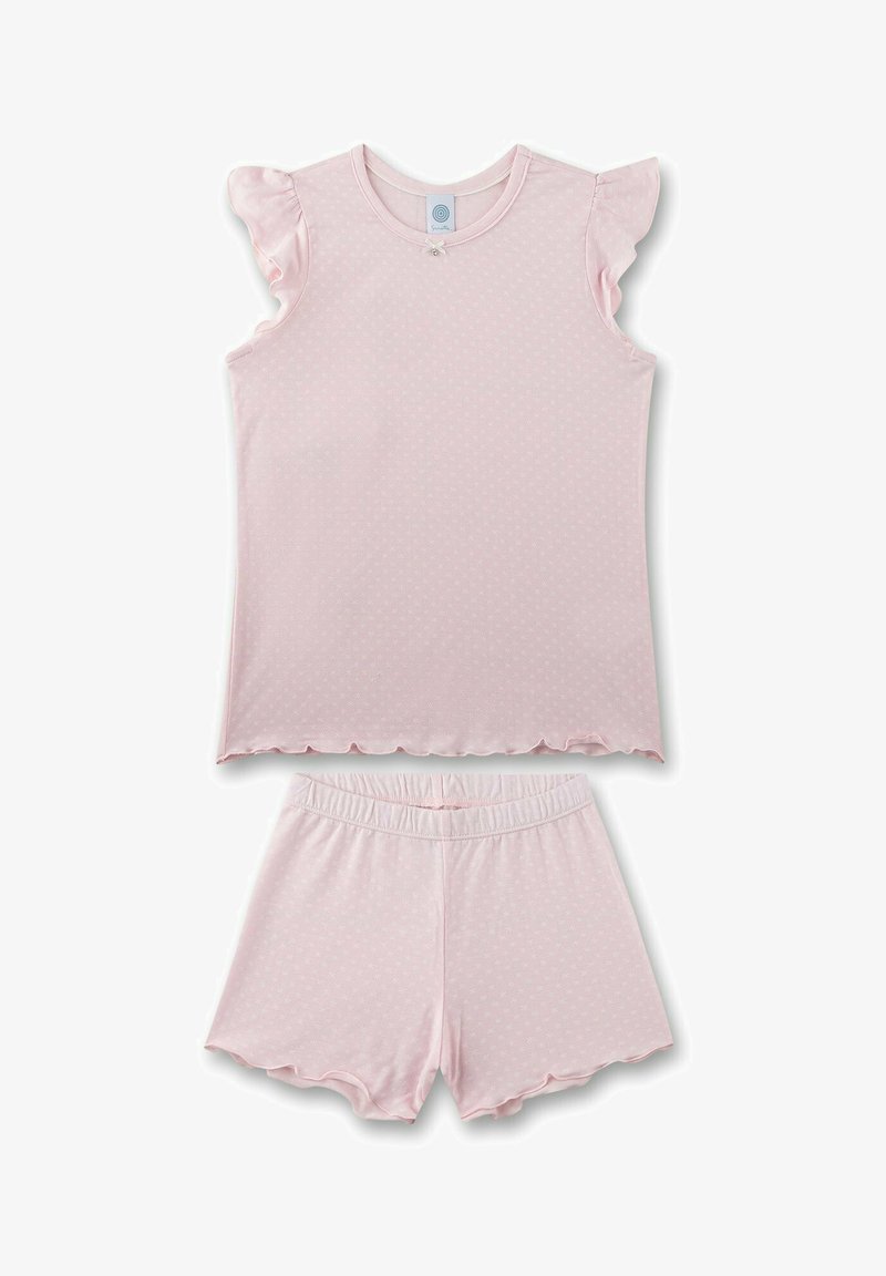 Set di pigiama rosa chiaro composto da una maglietta con maniche arricciate e bordi scallop, e pantaloni shorts abbinati con vita elasticizzata, entrambi con un motivo a pois.