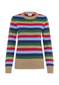 Klassinen crewneck-sweateri vaakastriipesillä vaaleanruskeassa, punaisessa, sinisessä, vihreässä ja laivastonsinisessä, jossa on ribbaus hihansuissa ja helmassa.