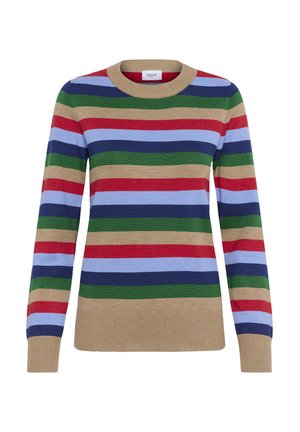 Sweatshirt col rond à rayures horizontales dans des tons de beige, rouge, bleu, vert et marine, avec des poignets et un ourlet côtelés.