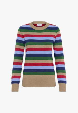 Sweatshirt col rond à rayures horizontales dans des tons de beige, rouge, bleu, vert et marine, avec des poignets et un ourlet côtelés.