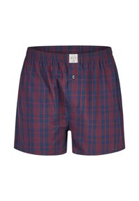 Boxershorts in marineblauem und rot kariertem Muster, mit elastischem Bund und einem einzelnen Knopfverschluss vorne. Aus weichem Stoff gefertigt.