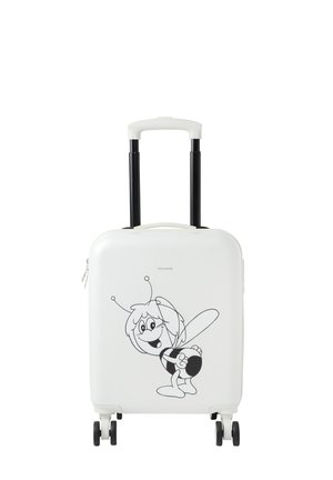 Hard-shell white suitcase with retractable black handle and four wheels. Features a black cartoon bee illustration on the front.