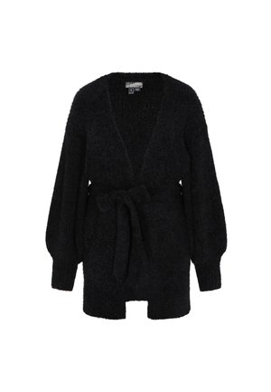 Black knitted cardigan with a soft, textured fabric, open front, long puff sleeves, and a tied waist belt. Casual fit with relaxed shape.