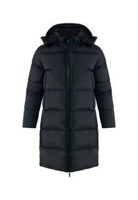 Abrigo de puffer negro con capucha, de diseño largo, textura acolchada, cierre delantero y bolsillos laterales. Material suave y resistente al agua.