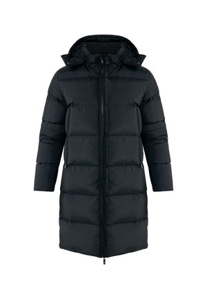 Abrigo de puffer negro con capucha, de diseño largo, textura acolchada, cierre delantero y bolsillos laterales. Material suave y resistente al agua.