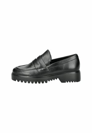Sorte læder loafers med rund tå, et tekstureret bånd over vristen, og en tyk, rillede gummisål.