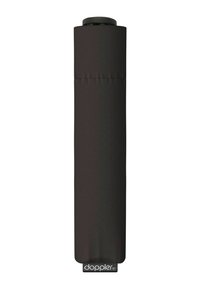 Compact black umbrella with a cylindrical shape, smooth fabric, and a branded handle at the bottom. Features a minimalist design.