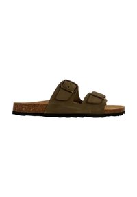 Sandalias de ante marrón tipo slip-on con dos hebillas ajustables, una plantilla de corcho y una suela de goma negra texturizada. Diseño plano, estilo destalonado.
