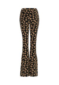 Zwarte flared broek met een bloemmotief in roze en geel. Gemaakt van zachte stof, met een aansluitende taille en wijde pijpen.