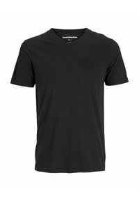 T-shirt noir à manches courtes et décolleté en V, fabriqué à partir de tissu doux et lisse ; design simple sans motifs ni embellissements visibles.