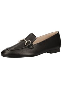 Schwarze Leder-Loafer mit strukturiertem Finish und einem kleinen silbernen Metallelement. Niedriger Absatz und rundes Zehen-Design. Weiche Innenauskleidung.