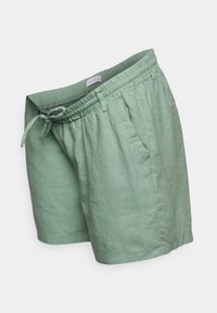 Shorts décontractés vert clair avec une taille élastique, un cordon de serrage réglable, des poches latérales et une longueur mi-cuisse, présentés sur un fond blanc.