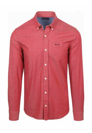 Long-sleeve red button-up shirt with a chest pocket on the left side and a buttoned collar.