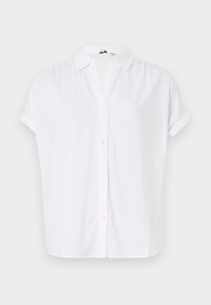 Witte shirt met korte mouwen, gemaakt van lichtgewicht stof, met een kraag en een knoopsluiting aan de voorkant met kleine, ronde knopen.