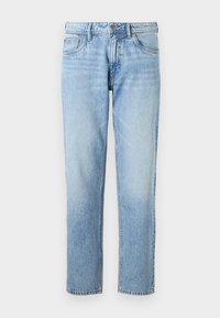 Světle modré džíny z denimu s došisovaným vzhledem, rovný střih, pět kapes a stříbrné kovové detaily na pasu.