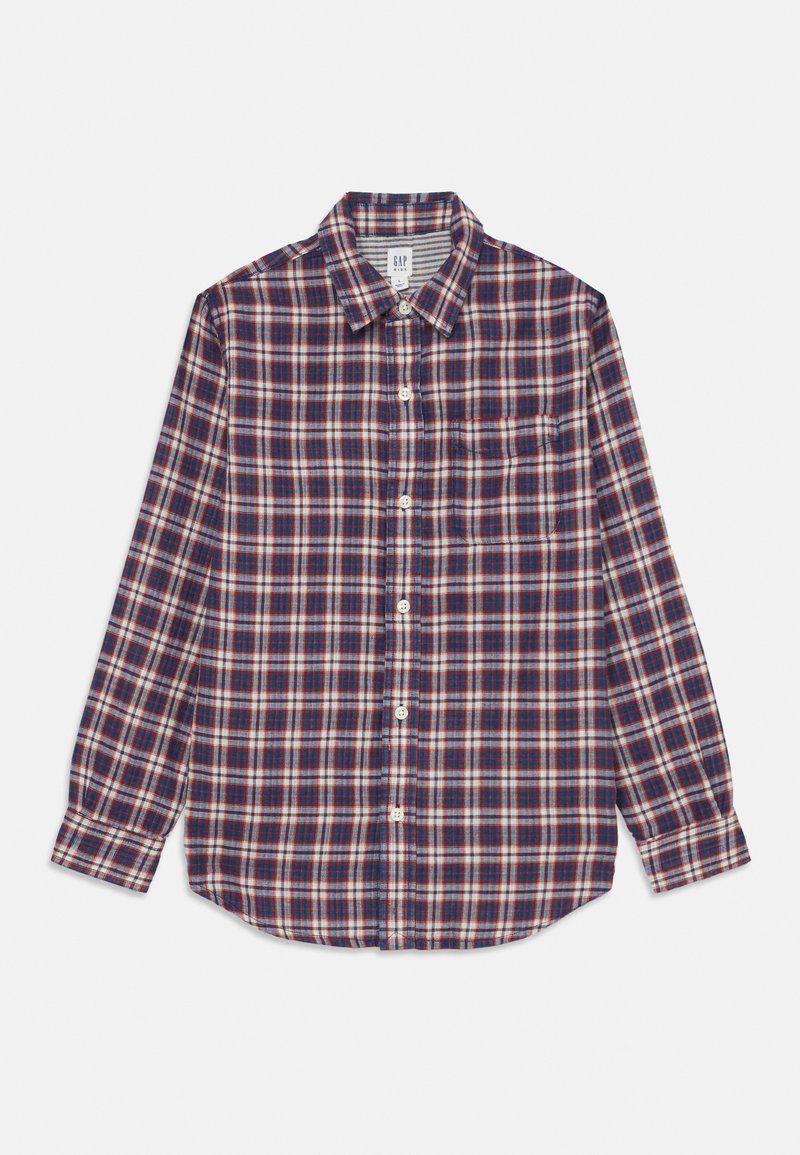 Męska koszula w kratę, bawełniana, z długimi rękawami, w granatowo-czerwonym wzorze, z zapięciem na guziki z przodu, z jedną kieszenią na piersi, o zaokrąglonym dole.