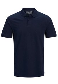 Dunkelblaues Poloshirt aus Baumwolle mit einem klassischen Kragen, zwei Knöpfen und einem dezenten Logo auf der Brust.