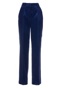 Donkerblauwe corduroy broek met een hoge taille, rechte pijpen en plooien aan de voorkant. Glad oppervlak met een subtiel geribd patroon.