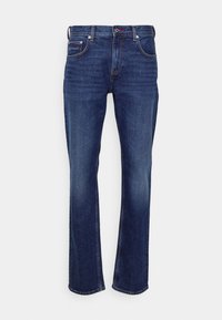 Jeans in denim blu scuro con design a gamba dritta, cinque tasche, leggera scoloritura e cuciture in contrasto, dotati di chiusura con bottone e zip.