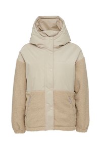 Beige insulated jacket with a hood, featuring soft, textured fleece sleeves and lower panels, and smooth fabric in the upper section.