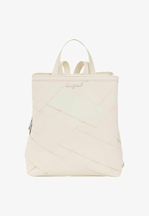 Baltas, austas odinis kuprinė su dviem viršutinėmis rankenomis, plonas dizainas ir šoninis užtrauktukas. Priekyje išspaustas prekės ženklo logotipas.