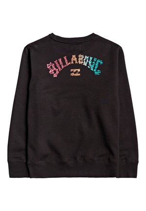 Sudadera negra de manga larga con texto colorido en patrón de cebra que dice "BILLABONG" y un pequeño logo centrado en la parte superior de la espalda.