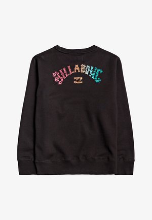 Schwarzer Sweatshirt mit langen Ärmeln, mit buntem, zebramusterndem Text "BILLABONG" und einem kleinen Logo, zentriert auf dem oberen Rücken.