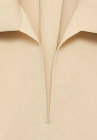 Beige Bluse mit Kragen und V-Ausschnitt, glatter Stofftextur und sauberen Nähten, die ein minimalistisches Design hervorhebt.