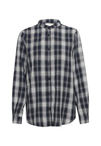 Button-up shirt in marineblauw en witte ruitenpatroon, lange mouwen, gemaakt van flanelmateriaal, met een mandarinnekraag en zwarte knopen.