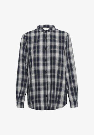 Chemise à boutons de couleur bleu marine et blanche à carreaux, à manches longues, fabriquée en flanelle, avec un col mandarin et des boutons noirs.