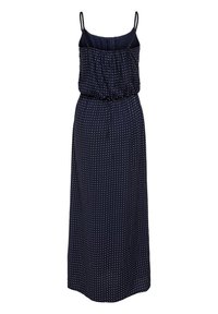 Robe maxi bleu marine sans manches avec fines bretelles et petits pois blancs, avec un buste froncé et une taille élastique.