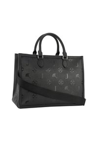 Sac à main noir texturé avec double poignées, bandoulière amovible, motifs floraux et monogrammes en relief, forme rectangulaire.