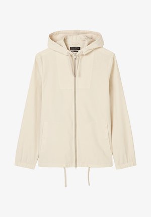 Beige Kapuzenjacke mit Frontreißverschluss, zwei Seitentaschen, elastischen Bündchen und verstellbaren Kordeln am Saum.