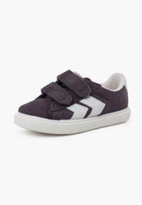 Dark purple suede shoe with white synthetic accents, featuring double Velcro straps and a textured white rubber sole.