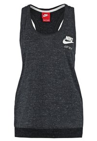 Svart atletisk tanktopp med melerad textur, rundad halsringning och "Nike"-logotyp tillsammans med "JUST DO IT" i vitt. Enkelt mönster, ärmlös.