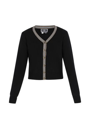 Black cropped cardigan with long sleeves, V-neck, striped collar and button placket featuring six metallic gold buttons. Smooth texture.