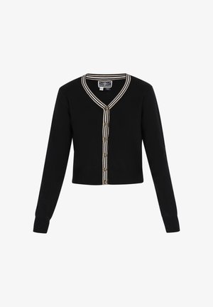 Cardigan noir court avec manches longues, col en V, col rayé et patte de boutonnage comprenant six boutons métalliques dorés. Texture lisse.